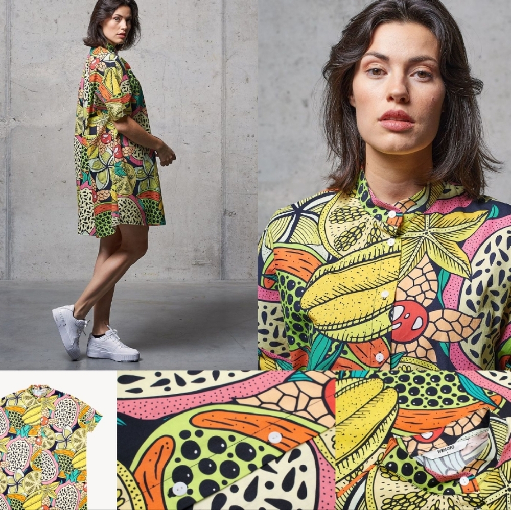 Wemoto Maggie Yellow Vibrant Tropical Fruit Multicolor Shift Dress